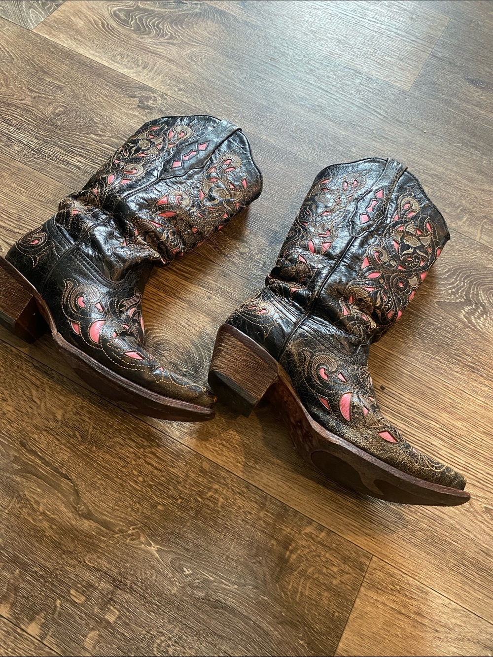 Women's Black Leather Cowboy Boots with Pink Embroidered Insets